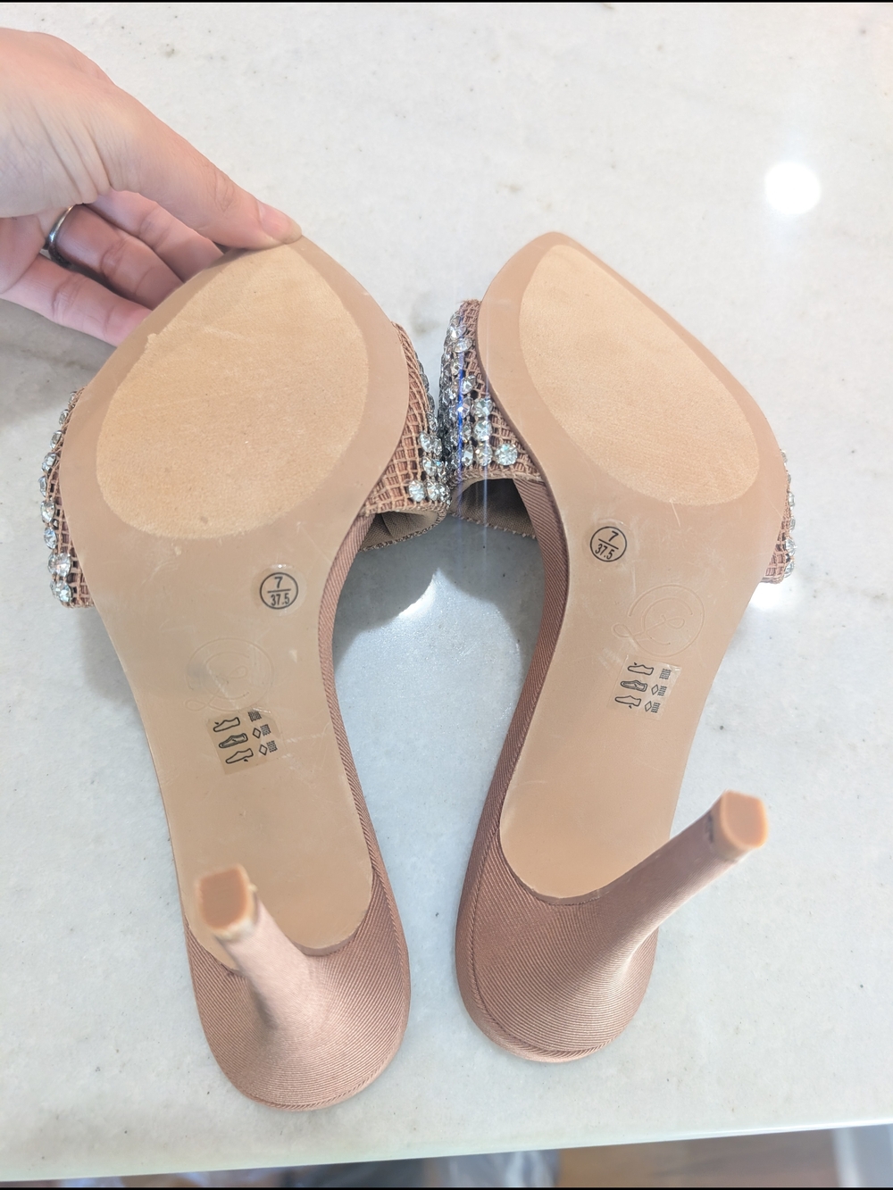 Chinese Laundry Jeeper Rhinestone Tan Slide Heels Sandal 4" Heel New - Picture 3 of 7